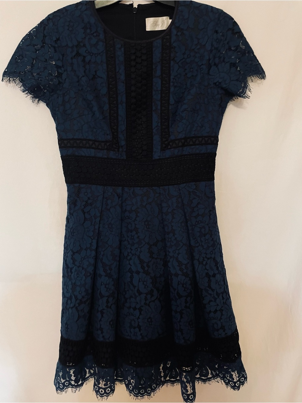 Eliza J Teal Lace Short Sleeve Fit & Flare Dress with Black Trim
